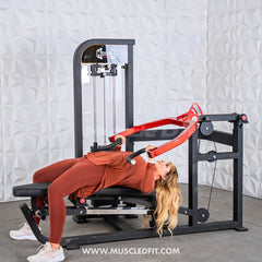 Muscle D Fitness Classic V2 selectorized multi-press chest and shoulder press machine with padded seats and adjustable weight stacks.