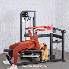 Muscle D Fitness Classic V2 selectorized multi-press chest and shoulder press machine with padded seat and adjustable weight stack.