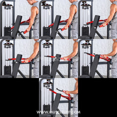 Muscle D Fitness Classic V2 selectorized multi-press chest and shoulder press machine with padded seats and adjustable weight stack.
