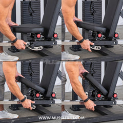 Muscle D Fitness Classic V2 selectorized multi-press chest and shoulder press machine with padded seats and adjustable weight stack.
