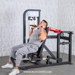 Muscle D Fitness Classic V2 selectorized multi-press machine with chest and shoulder press features, black and silver design.