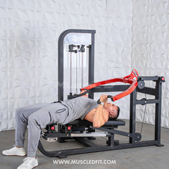 Muscle D Fitness Classic V2 selectorized multi-press chest and shoulder press machine with padded seats and adjustable handles.