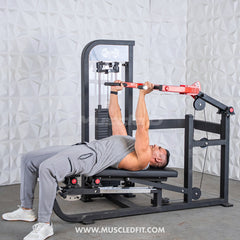 Muscle D Fitness Classic V2 selectorized multi-press chest and shoulder press machine with padded seat and adjustable weight stack
