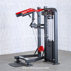 Muscle D Fitness Classic V2 selectorized standing calf raise machine with padded supports and weight stack for lower leg workouts.