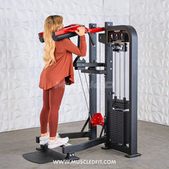 Muscle D Fitness Classic V2 Selectorized Standing Calf Raise Machine with padded support and weight stack for calf muscle development