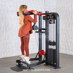 Muscle D Fitness Classic V2 selectorized standing calf raise machine with padded support and weight stack for calf muscle workouts.