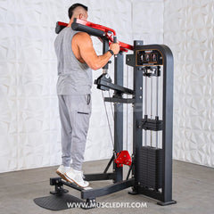 Muscle D Fitness Classic V2 Selectorized Standing Calf Raise Machine with padded foot platform and adjustable resistance for calf workout.