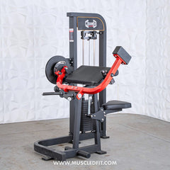 Muscle D Fitness Classic V2 selectorized biceps and triceps combo machine with padded seats and adjustable handles for strength training.