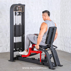 Muscle D Fitness Classic V2 selectorized inner and outer thigh combo machine with padded seat and adjustable handles.