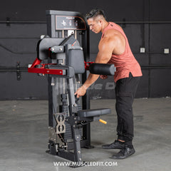 Muscle D Fitness Classic V2 Selectorized Lateral Raise Machine for shoulder isolation in a commercial gym setting.