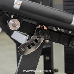 Muscle D Fitness Classic V2 Leg Extension and Prone Leg Curl combo machine with selectorized weight system and padded seat.