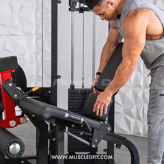 Muscle D Fitness Classic V2 selectorized leg extension machine with padded seat and adjustable leg pads for targeted quadriceps workout