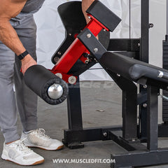 Muscle D Fitness Classic V2 Selectorized Leg Extension Machine with padded seat and adjustable leg support for targeted leg workouts.