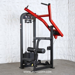Muscle D Fitness Classic V2 Selectorized Seated Lat Pull Machine with padded seat, adjustable handles, and weight stack for strength training.