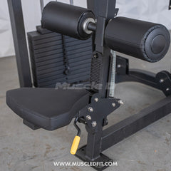 Muscle D Fitness Classic V2 Selectorized Seated Lat Pull Machine with padded seat and adjustable weight stack for strength training.