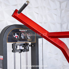 Muscle D Fitness Classic V2 Selectorized Seated Lat Pull Machine with padded seat and adjustable pull handles for strength training.