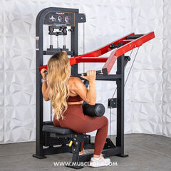 Muscle D Fitness Classic V2 Selectorized Seated Lat Pull Machine with padded seat and overhead pull handles.