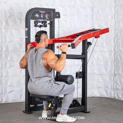 Muscle D Fitness Classic V2 selectorized seated lat pull machine with padded seat and adjustable weight stack for upper back workouts.