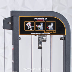 Muscle D Fitness Classic V2 selectorized seated leg curl machine with padded seat and adjustable leg pad for targeting hamstrings.