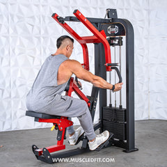 Muscle D Fitness Classic V2 Selectorized Seated Row machine with multi-grip handles for strength training in a commercial gym setting