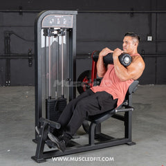 Muscle D Fitness Classic V2 selectorized back and ab combo machine with padded seats and adjustable weight stacks.