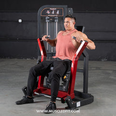 Muscle D Fitness Classic V2 Selectorized Chest Press machine with padded seat and adjustable handles for strength training.