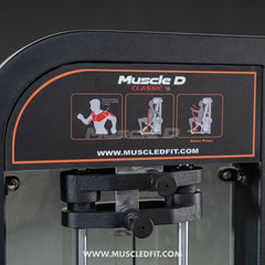 Muscle D Fitness Classic V2 Selectorized Chest Press machine with padded seat and adjustable handles for strength training.