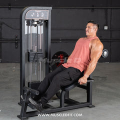 Muscle D Fitness Classic V2 selectorized back and abdominal combo machine with dual function core workout, watermarked image.