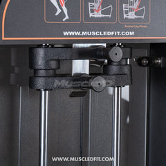 Muscle D Fitness Classic V2 Selectorized Leg Press machine with 300lb weight stack for gym workouts, showing the seat and footplate.
