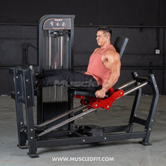 Muscle D Fitness Classic V2 Selectorized Leg Press machine with 300lb weight stack for commercial gym use, shown with padded seat and footplate.