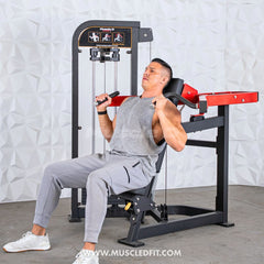 Muscle D Fitness Classic V2 Selectorized Shoulder Press machine with padded seat and adjustable handles for strength training.