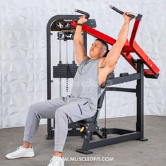 Muscle D Fitness Classic V2 Selectorized Shoulder Press machine with padded seat and adjustable weights for strength training.