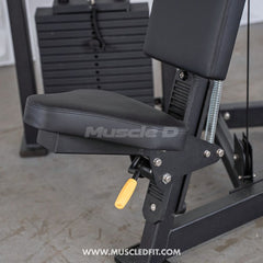 Muscle D Fitness Classic V2 Selectorized Shoulder Press machine for commercial gym use, featuring adjustable seat and weight stack.