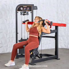 Muscle D Fitness Classic V2 Selectorized Shoulder Press machine for strength training with adjustable seat and weight stack.