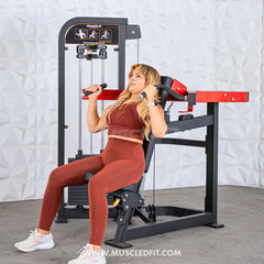 Muscle D Fitness Classic V2 Selectorized Shoulder Press machine with padded seat and handles for strength training exercises.