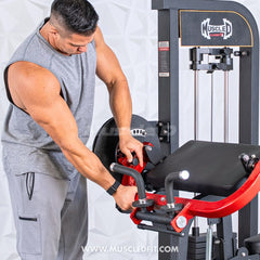 Muscle D Fitness Classic V2 selectorized biceps and triceps gym machine with padded arm supports and weight stack.