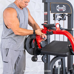 Muscle D Fitness Classic V2 selectorized biceps and triceps workout machine for strength training and muscle building.