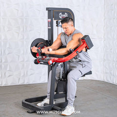 Muscle D Fitness Classic V2 selectorized biceps and triceps gym machine with adjustable handles and padded seat for strength training.