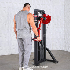 Muscle D Fitness Classic V2 Selectorized Standing Lateral Raise Machine with padded seat and adjustable arm supports.