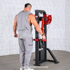 Muscle D Fitness Classic V2 Selectorized Standing Lateral Raise Machine with padded seat and handles for shoulder workouts.