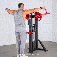 Muscle D Fitness Classic V2 selectorized standing lateral raise machine with padded seat and arm pads for upper body workouts.