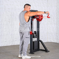 Muscle D Fitness Classic V2 Selectorized Standing Lateral Raise Machine with padded seat and adjustable arm supports for shoulder workouts.