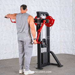 Muscle D Fitness Classic V2 selectorized standing lateral raise machine with padded seat and adjustable arms for shoulder workouts.