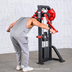 Muscle D Fitness Classic V2 Selectorized Standing Lateral Raise Machine with padded handles and adjustable weight stack.