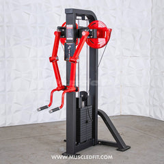 Muscle D Fitness Classic V2 Selectorized Standing Lateral Raise Machine with padded seat and adjustable arm pads for shoulder workouts.