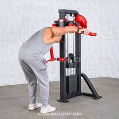 Muscle D Fitness Classic V2 Selectorized Standing Lateral Raise Machine with padded seat and adjustable arm supports for shoulder workouts.