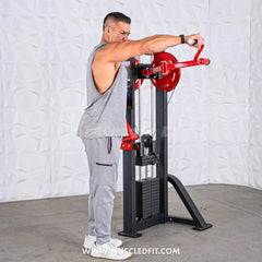 Muscle D Fitness Classic V2 Selectorized Standing Lateral Raise Machine with padded seat and adjustable arm supports for shoulder workouts