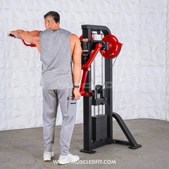 Muscle D Fitness Classic V2 Selectorized Standing Lateral Raise Machine with padded seat and adjustable arm rests for shoulder workouts.