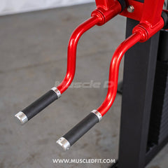 Muscle D Fitness Classic V2 Selectorized Standing Lateral Raise Machine with padded seat and adjustable arm supports for shoulder workouts.
