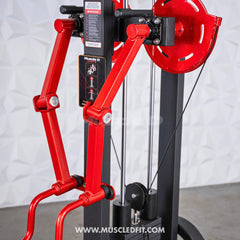 Muscle D Fitness Classic V2 selectorized standing lateral raise machine with padded seat and adjustable arm supports.